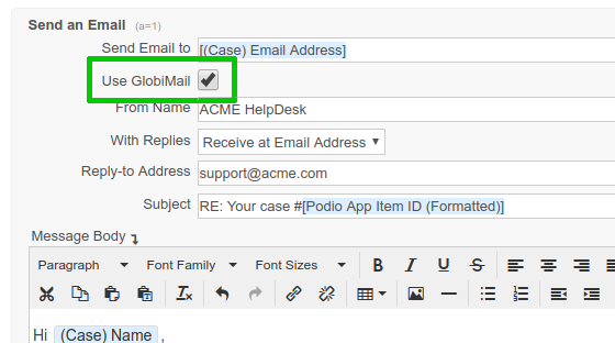 GlobiFlow send email action using GlobiMail